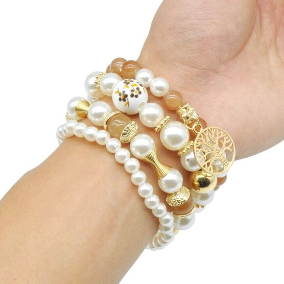 Pearl Charm Bracelet Set Imitate Pearl Alloy Bead Chain Starfish Stackable Multi - Picture 4 of 6